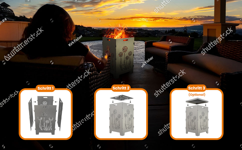 TiKo-Design Feuerkorb mit Pusteblumen-Motiv, 4- fach Laserung, Zerlegbar, Gartendekoration, Feuerkorb & Sitzgelegenheit in einem