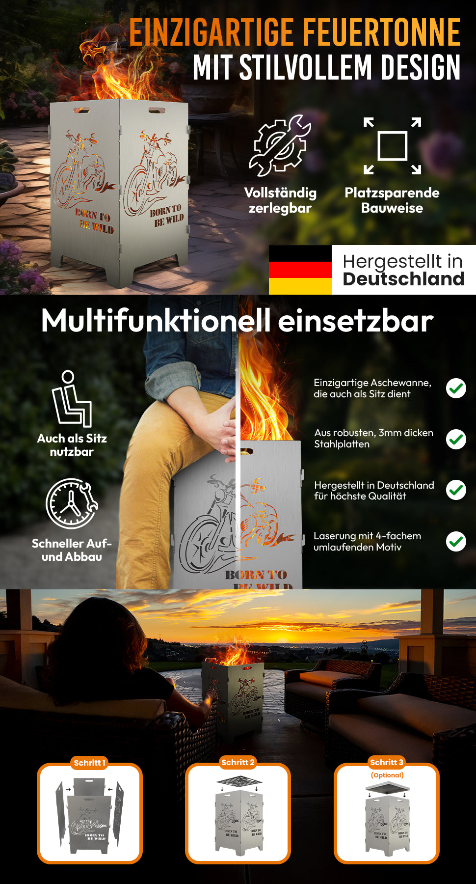 TiKo-Design Feuerkorb mit Chopper Motiv - Born to be wild - 2 Fach Laserung, Zerlegbar, Gartendekoration, Feuerkorb & Sitzgelegenheit