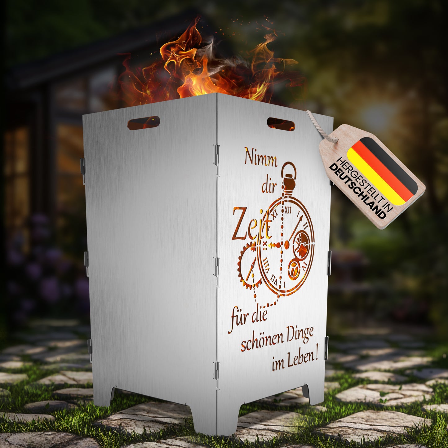 TiKo-Design Feuerkorb mit Zeit-Motiv, 2- fach Laserung, Zerlegbar, Gartendekoration, Feuerkorb & Sitzgelegenheit