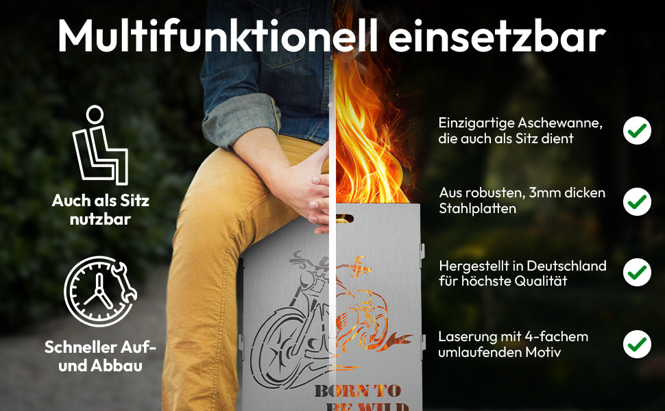 TiKo-Design Feuerkorb mit Chopper Motiv - Born to be wild - 2 Fach Laserung, Zerlegbar, Gartendekoration, Feuerkorb & Sitzgelegenheit