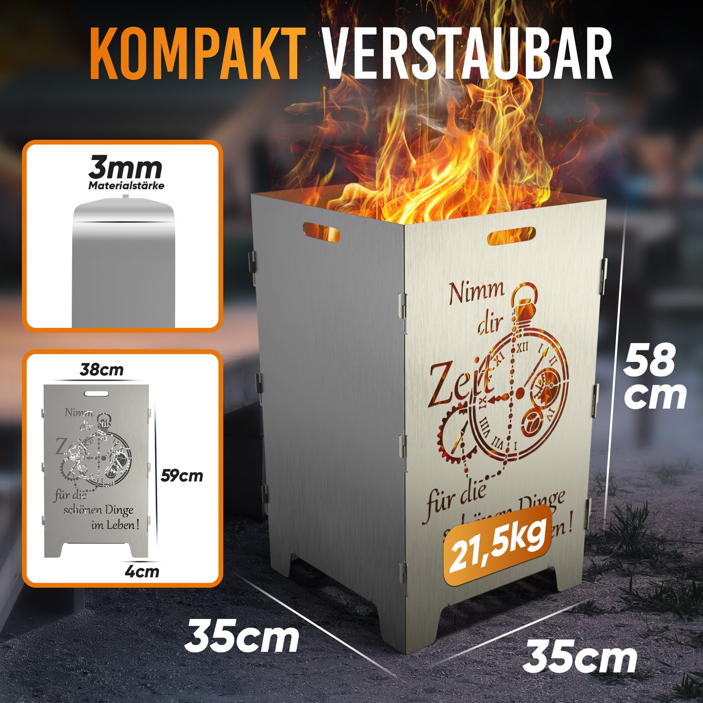 TiKo-Design Feuerkorb mit Zeit-Motiv, 2- fach Laserung, Zerlegbar, Gartendekoration, Feuerkorb & Sitzgelegenheit
