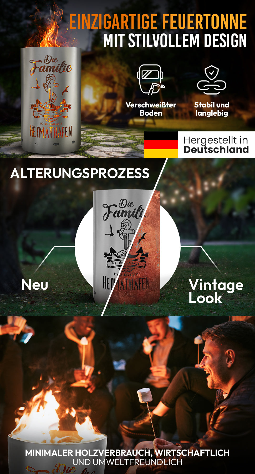 Feuertonne / Feuerkorb mit Motiv " Familie - Die Familie ist der Anker in unserem Heimathafen "