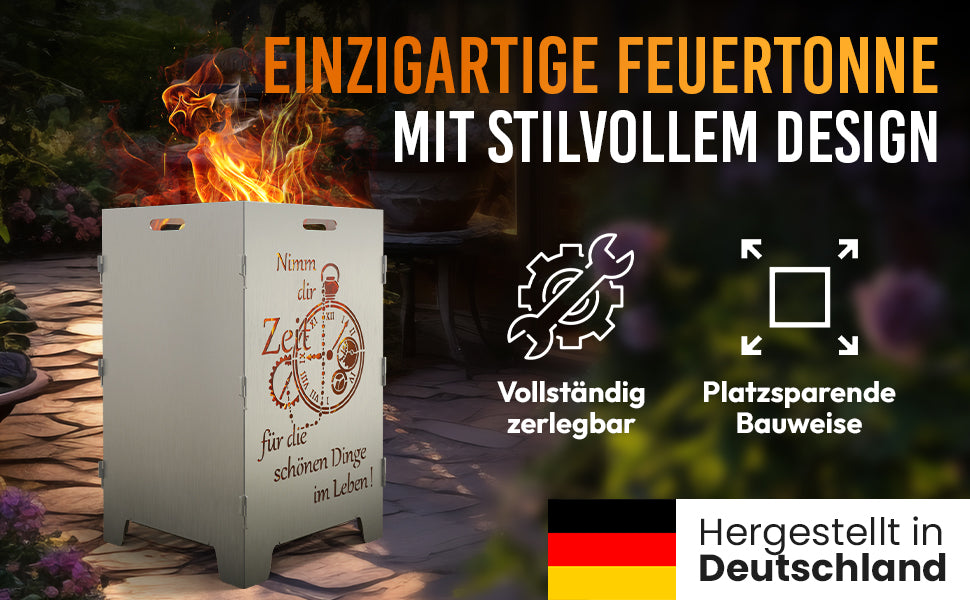 TiKo-Design Feuerkorb mit Zeit-Motiv, 2- fach Laserung, Zerlegbar, Gartendekoration, Feuerkorb & Sitzgelegenheit