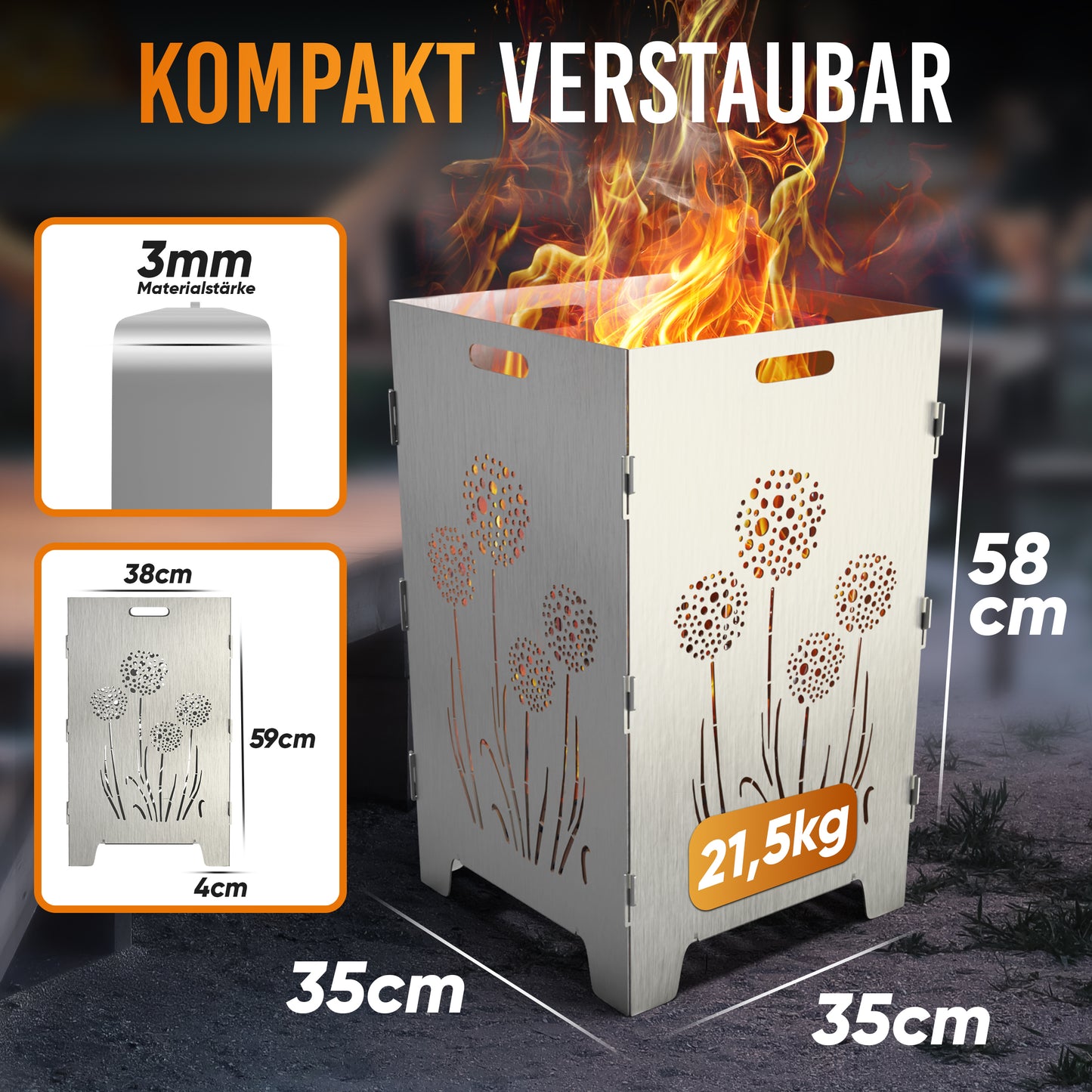 TiKo-Design Feuerkorb mit Pusteblumen-Motiv, 4- fach Laserung, Zerlegbar, Gartendekoration, Feuerkorb & Sitzgelegenheit in einem