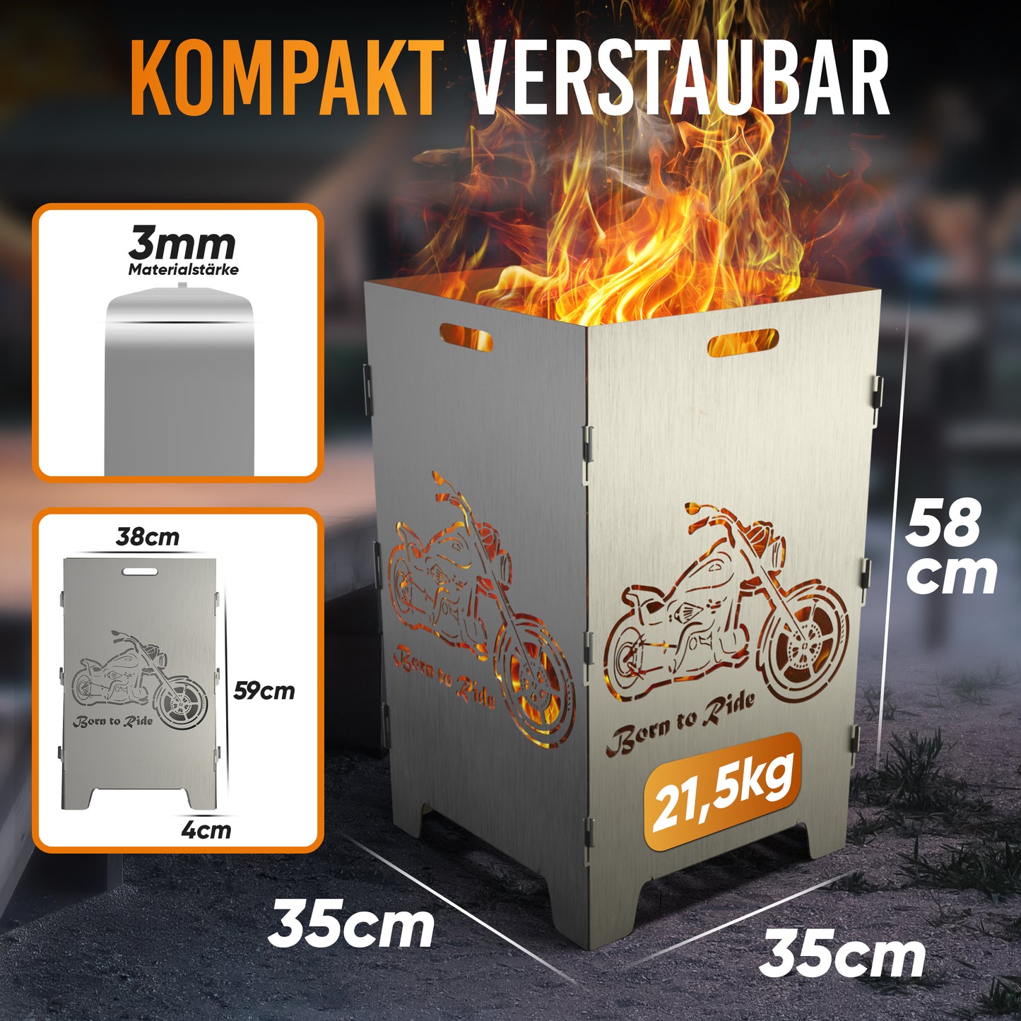 TiKo-Design Feuerkorb mit Chopper Motiv - Born to ride - 2 Fach Laserung, Zerlegbar, Gartendekoration, Feuerkorb & Sitzgelegenheit