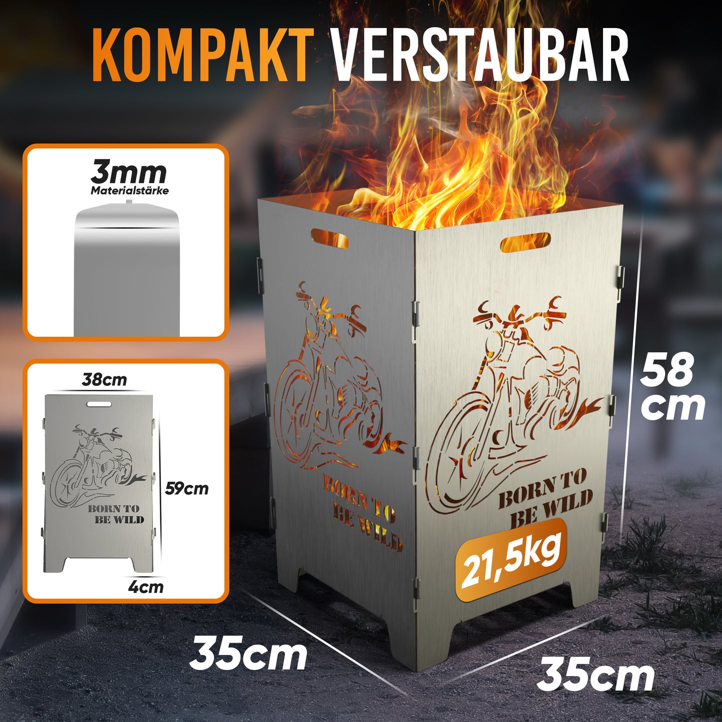 TiKo-Design Feuerkorb mit Chopper Motiv - Born to be wild - 2 Fach Laserung, Zerlegbar, Gartendekoration, Feuerkorb & Sitzgelegenheit