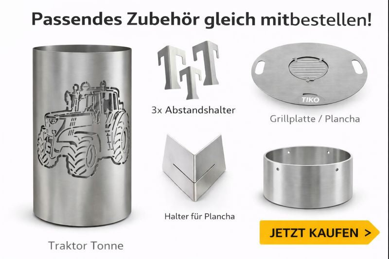 Feuertonne „Traktor“ mit passendem Zubehör – Grillplatte/Plancha, Abstandshalter und Plancha-Halter für vielseitiges Grillen