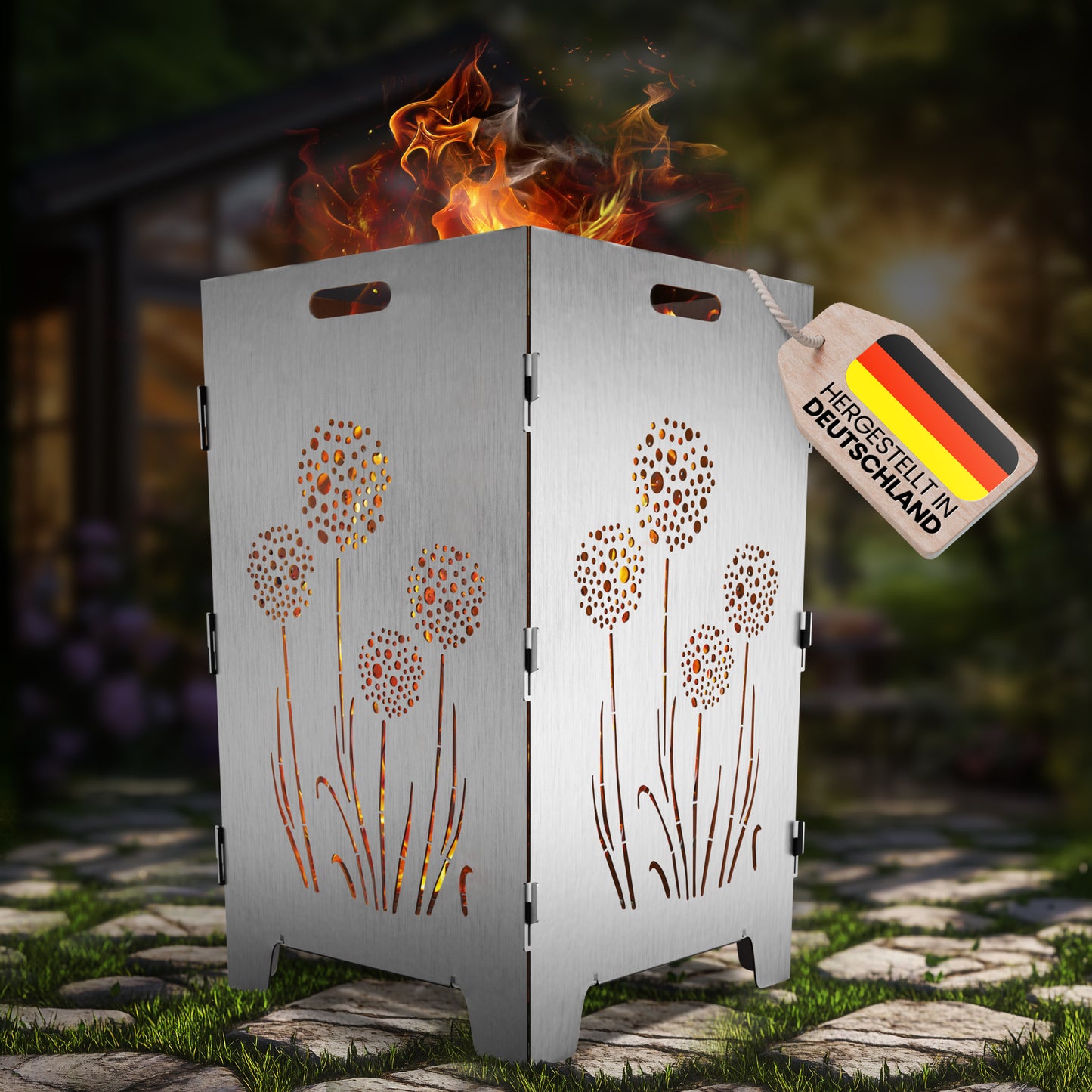 TiKo-Design Feuerkorb mit Pusteblumen-Motiv, 4- fach Laserung, Zerlegbar, Gartendekoration, Feuerkorb & Sitzgelegenheit in einem