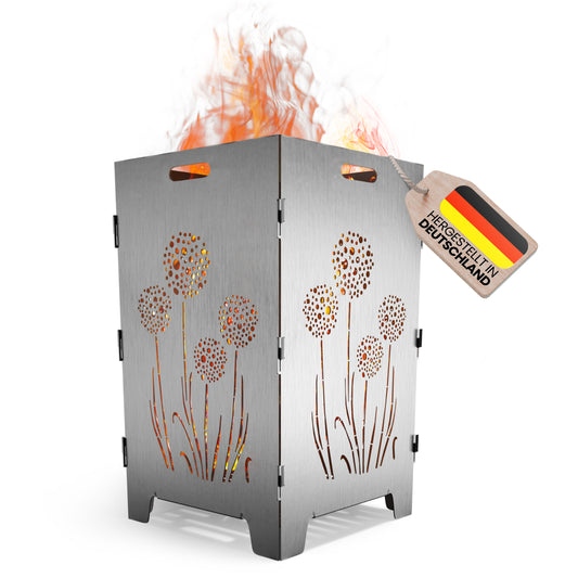 TiKo-Design Feuerkorb mit Pusteblumen-Motiv, 4- fach Laserung, Zerlegbar, Gartendekoration, Feuerkorb & Sitzgelegenheit in einem