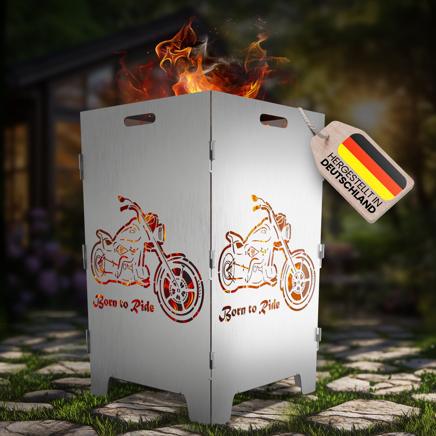 TiKo-Design Feuerkorb mit Chopper Motiv - Born to ride - 2 Fach Laserung, Zerlegbar, Gartendekoration, Feuerkorb & Sitzgelegenheit