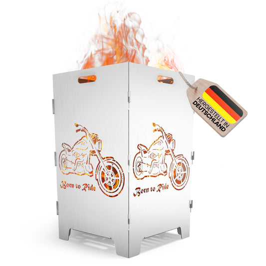 TiKo-Design Feuerkorb mit Chopper Motiv - Born to ride - 2 Fach Laserung, Zerlegbar, Gartendekoration, Feuerkorb & Sitzgelegenheit