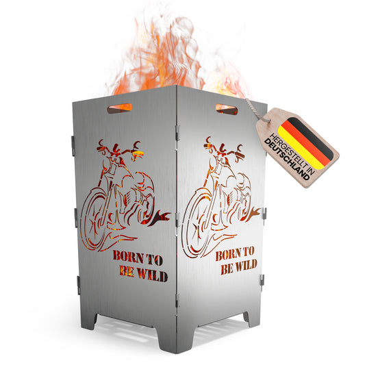 TiKo-Design Feuerkorb mit Chopper Motiv - Born to be wild - 2 Fach Laserung, Zerlegbar, Gartendekoration, Feuerkorb & Sitzgelegenheit