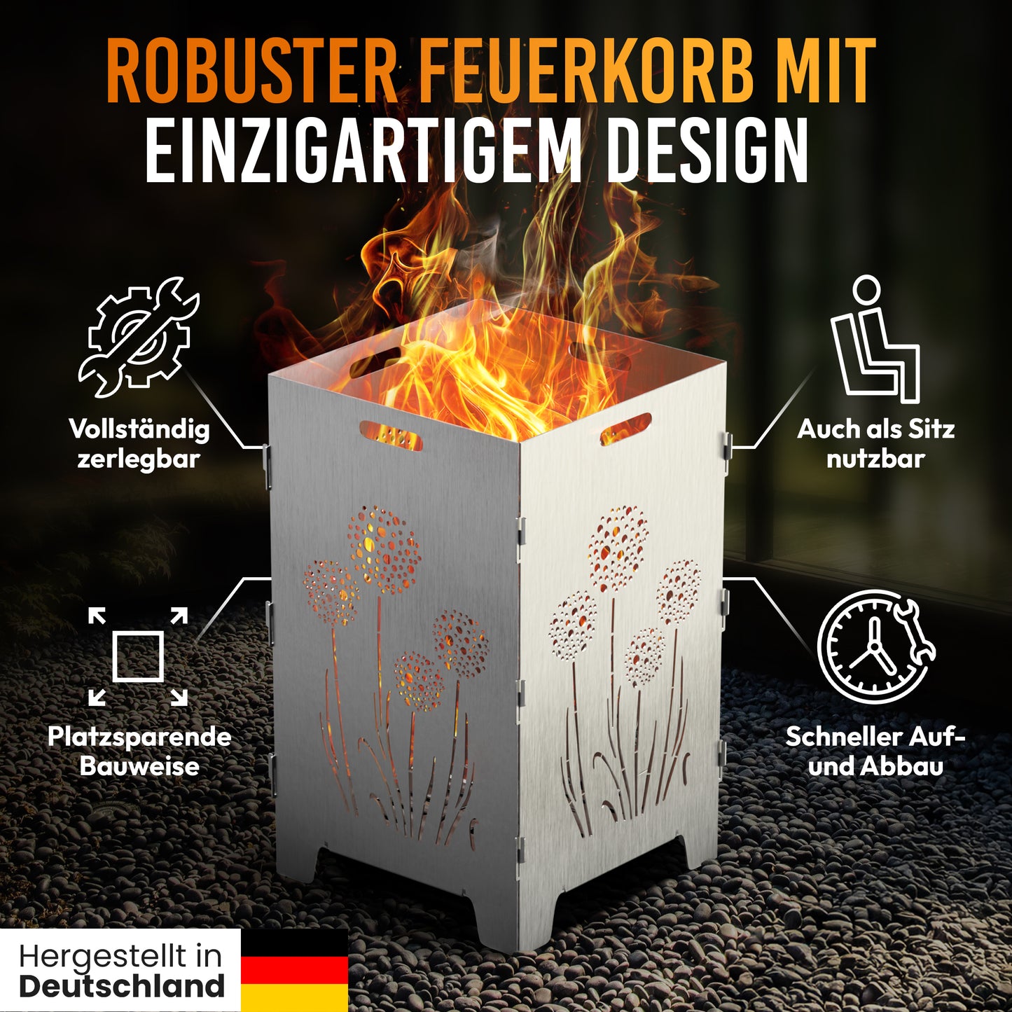 TiKo-Design Feuerkorb mit Pusteblumen-Motiv, 4- fach Laserung, Zerlegbar, Gartendekoration, Feuerkorb & Sitzgelegenheit in einem