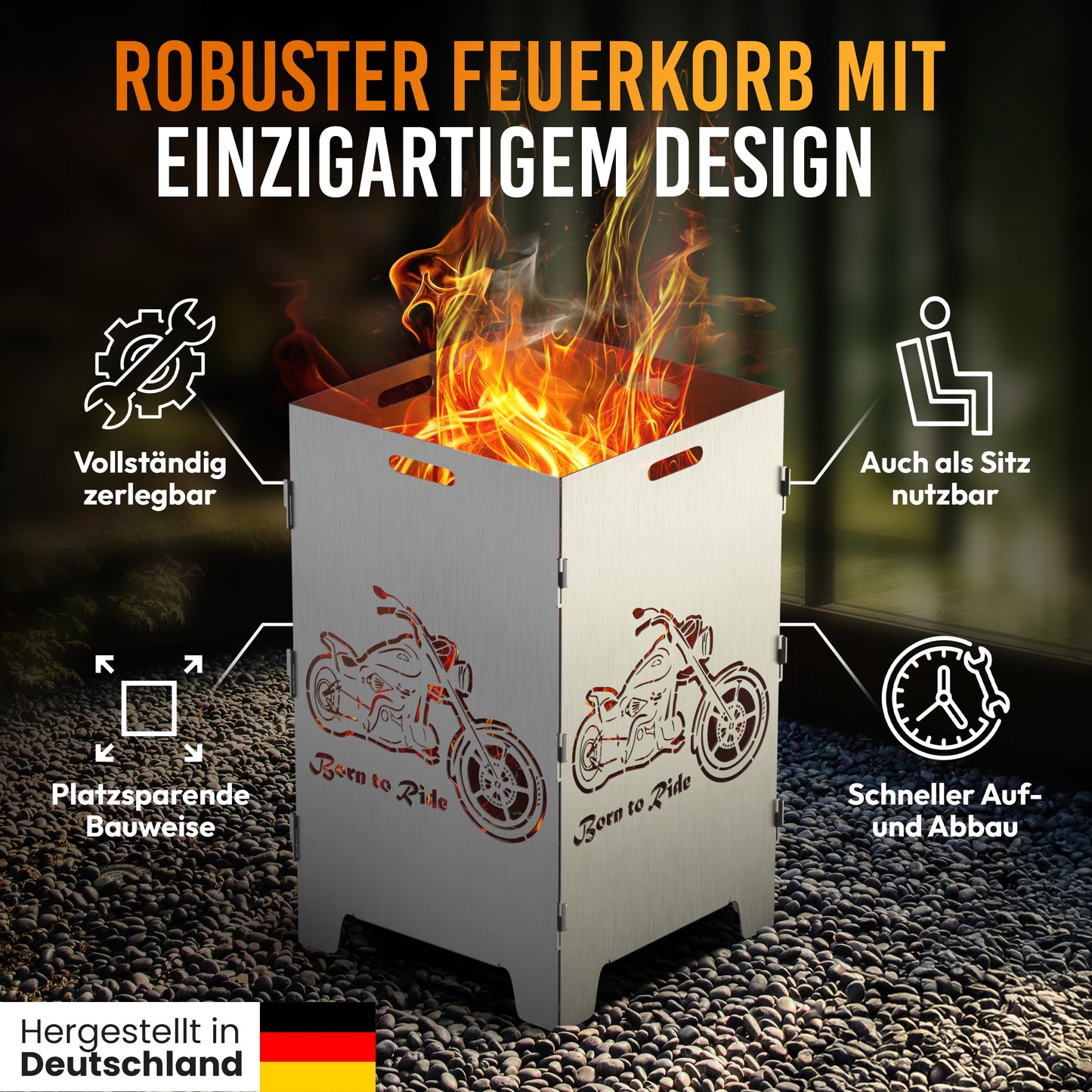 TiKo-Design Feuerkorb mit Chopper Motiv - Born to ride - 2 Fach Laserung, Zerlegbar, Gartendekoration, Feuerkorb & Sitzgelegenheit