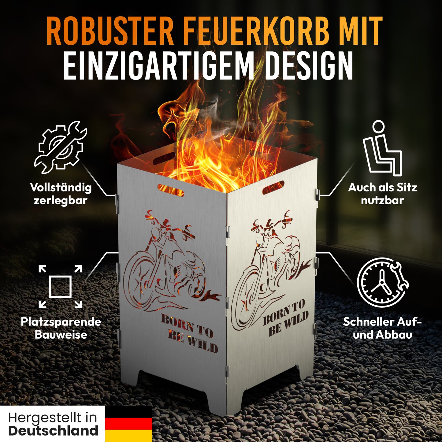 TiKo-Design Feuerkorb mit Chopper Motiv - Born to be wild - 2 Fach Laserung, Zerlegbar, Gartendekoration, Feuerkorb & Sitzgelegenheit
