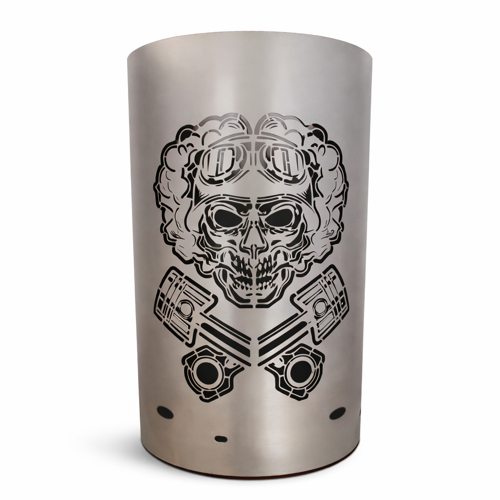 Feuertonne " Ghost-RIder " mit Totenkopf & Kolben – Robuster Feuerkorb aus Stahl für Garten & Terrasse