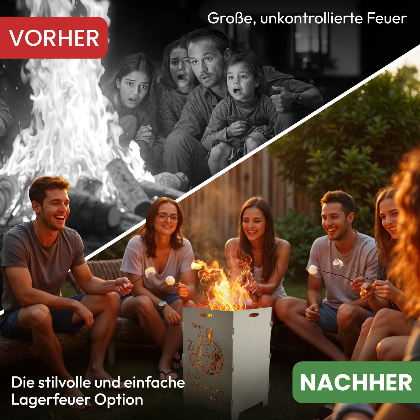 TiKo-Design Feuerkorb mit Zeit-Motiv, 2- fach Laserung, Zerlegbar, Gartendekoration, Feuerkorb & Sitzgelegenheit