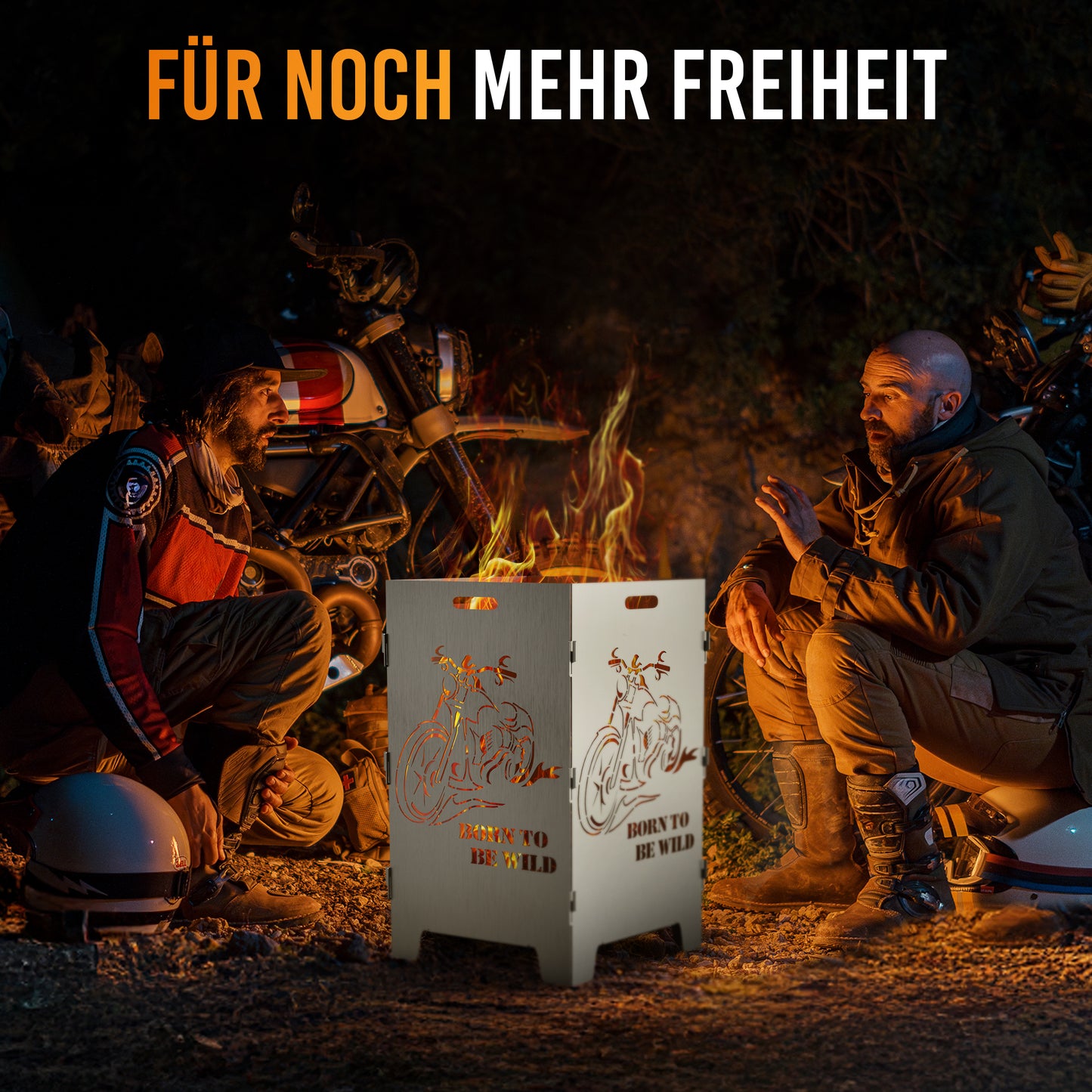 TiKo-Design Feuerkorb mit Chopper Motiv - Born to be wild - 2 Fach Laserung, Zerlegbar, Gartendekoration, Feuerkorb & Sitzgelegenheit