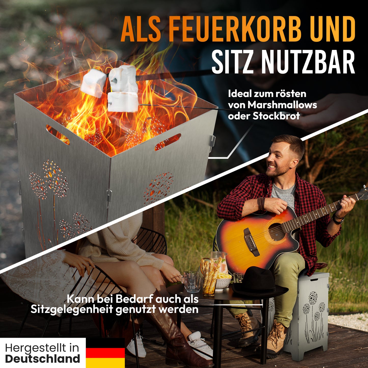 TiKo-Design Feuerkorb mit Pusteblumen-Motiv, 4- fach Laserung, Zerlegbar, Gartendekoration, Feuerkorb & Sitzgelegenheit in einem