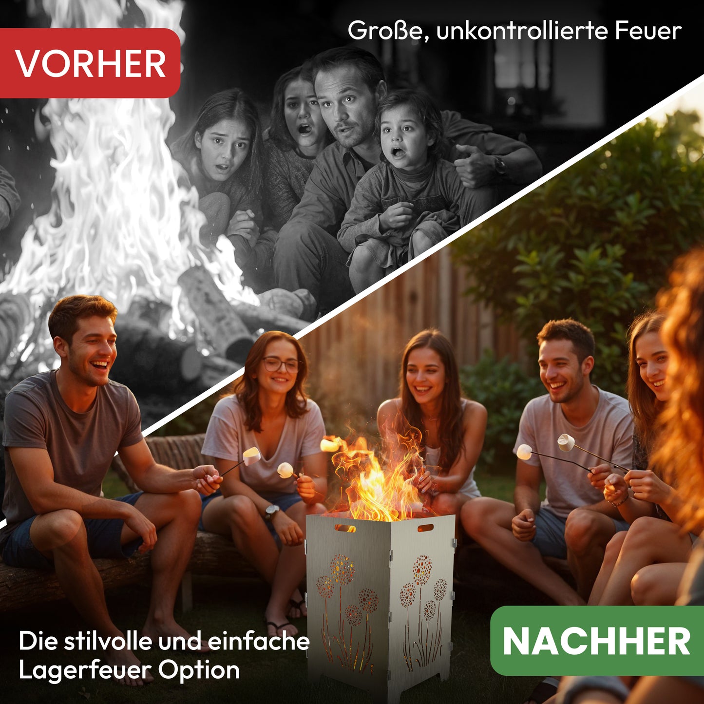 TiKo-Design Feuerkorb mit Pusteblumen-Motiv, 4- fach Laserung, Zerlegbar, Gartendekoration, Feuerkorb & Sitzgelegenheit in einem