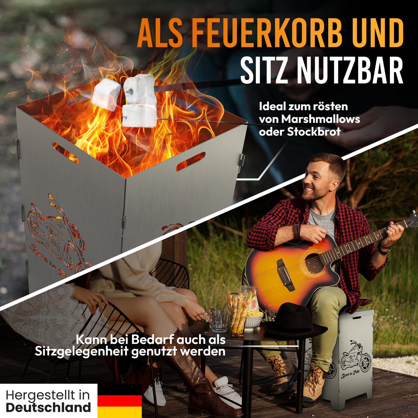 TiKo-Design Feuerkorb mit Chopper Motiv - Born to ride - 2 Fach Laserung, Zerlegbar, Gartendekoration, Feuerkorb & Sitzgelegenheit