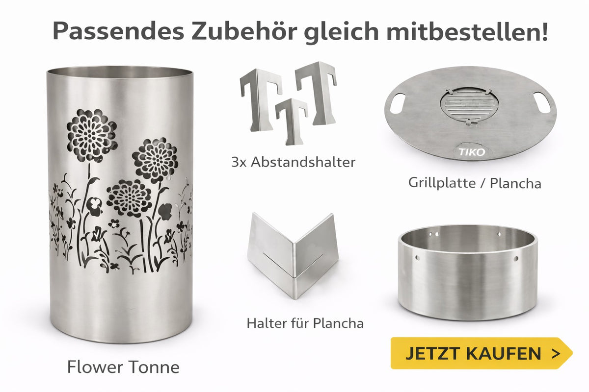 TiKo-Design® Blumen-Feuertonne mit Zubehör – Plancha, Halter und Abstandshalter