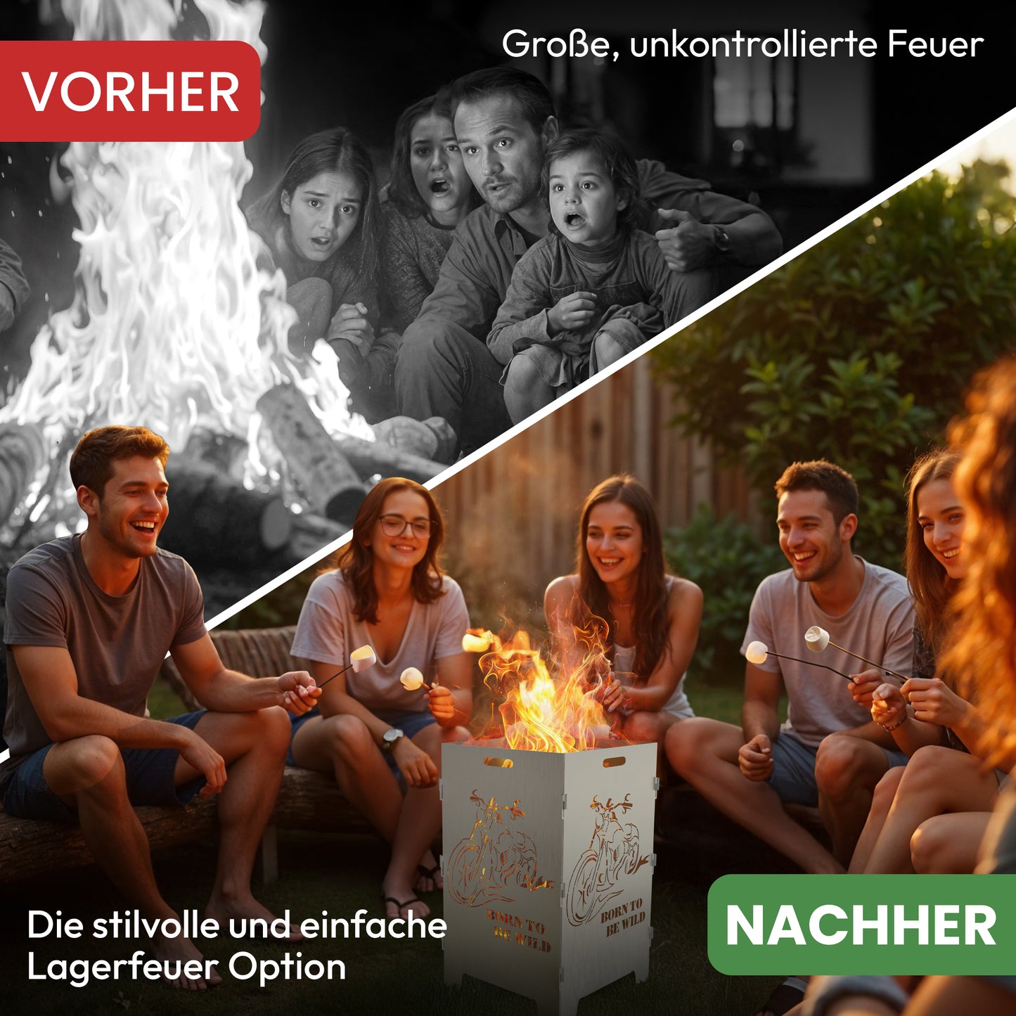 TiKo-Design Feuerkorb mit Chopper Motiv - Born to be wild - 2 Fach Laserung, Zerlegbar, Gartendekoration, Feuerkorb & Sitzgelegenheit