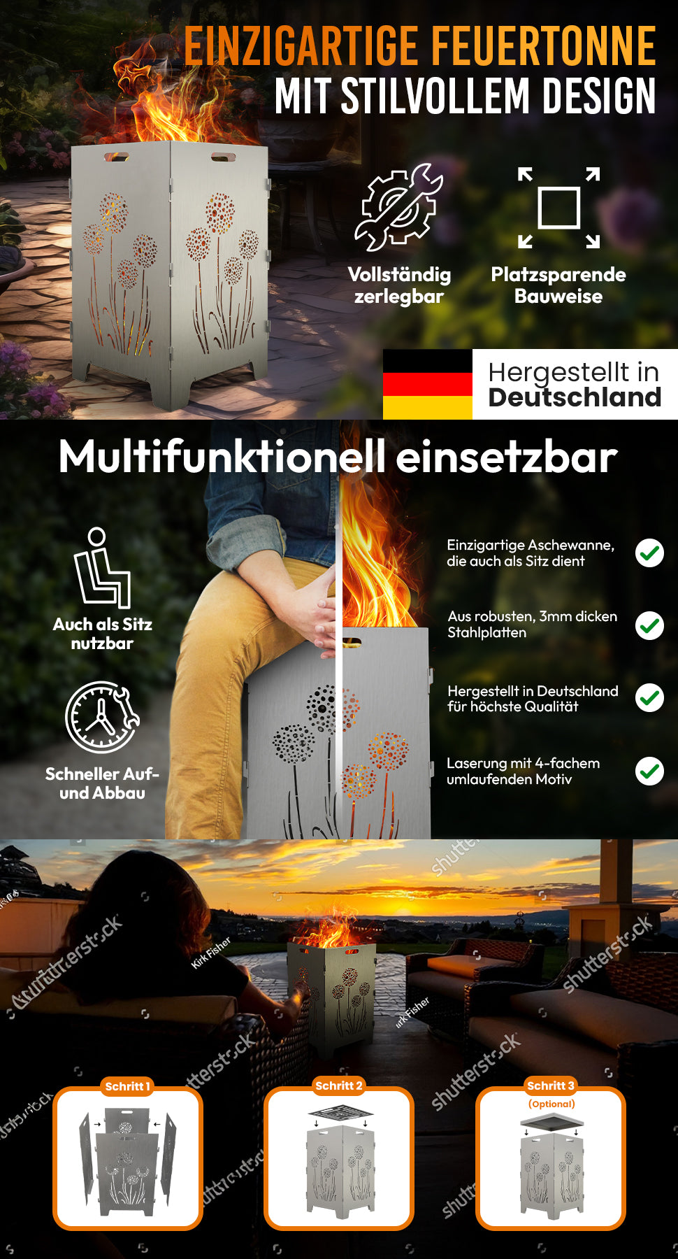 TiKo-Design Feuerkorb mit Pusteblumen-Motiv, 4- fach Laserung, Zerlegbar, Gartendekoration, Feuerkorb & Sitzgelegenheit in einem