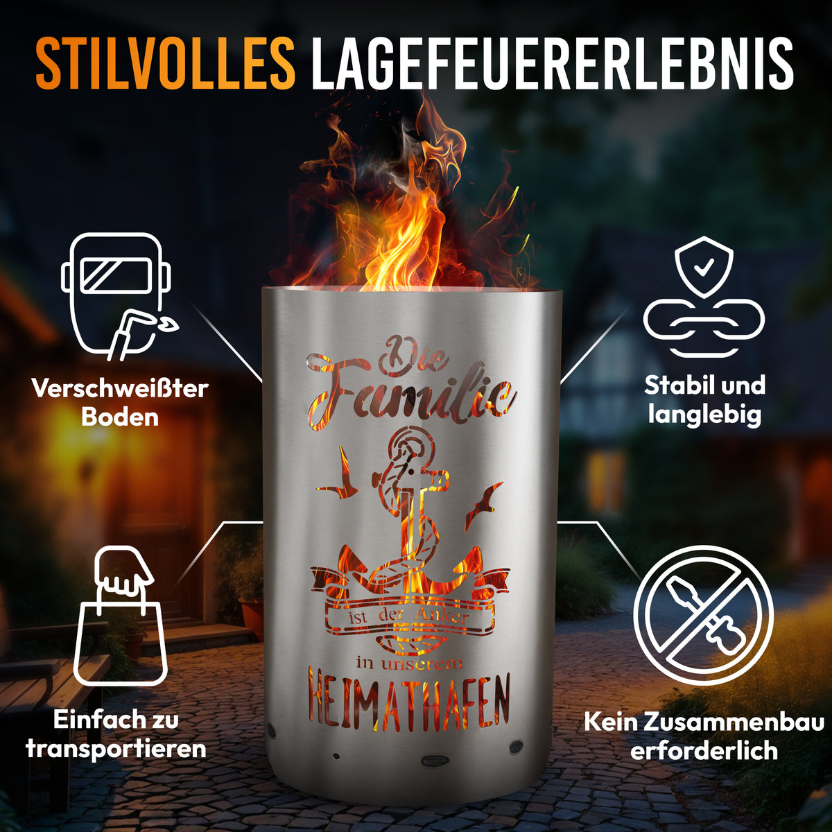 Feuertonne „Familie – Heimathafen“ mit Anker-Motiv – stabil, langlebig und mit verschweißtem Boden