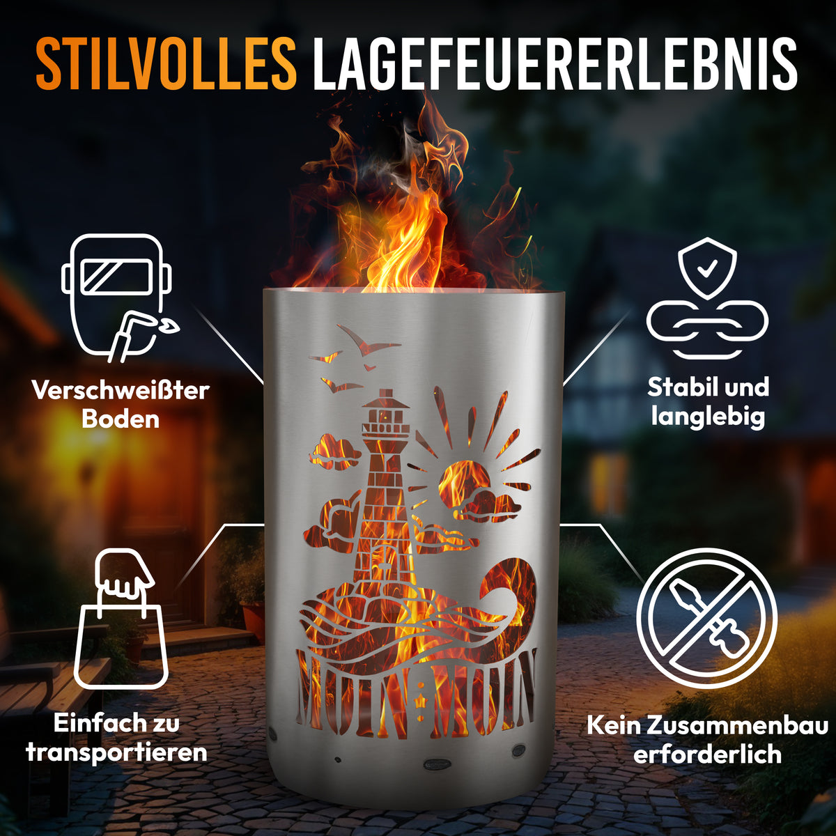 TiKo-Design® Feuertonne Leuchtturm – robuste Feuerstelle für Garten und Terrasse