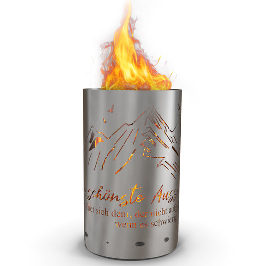 Feuertonne / Feuerkorb mit Motiv " Berge - Die schönste Aussicht eröffnet sich dem, der nicht aufgibt wenn es schwierig wird.