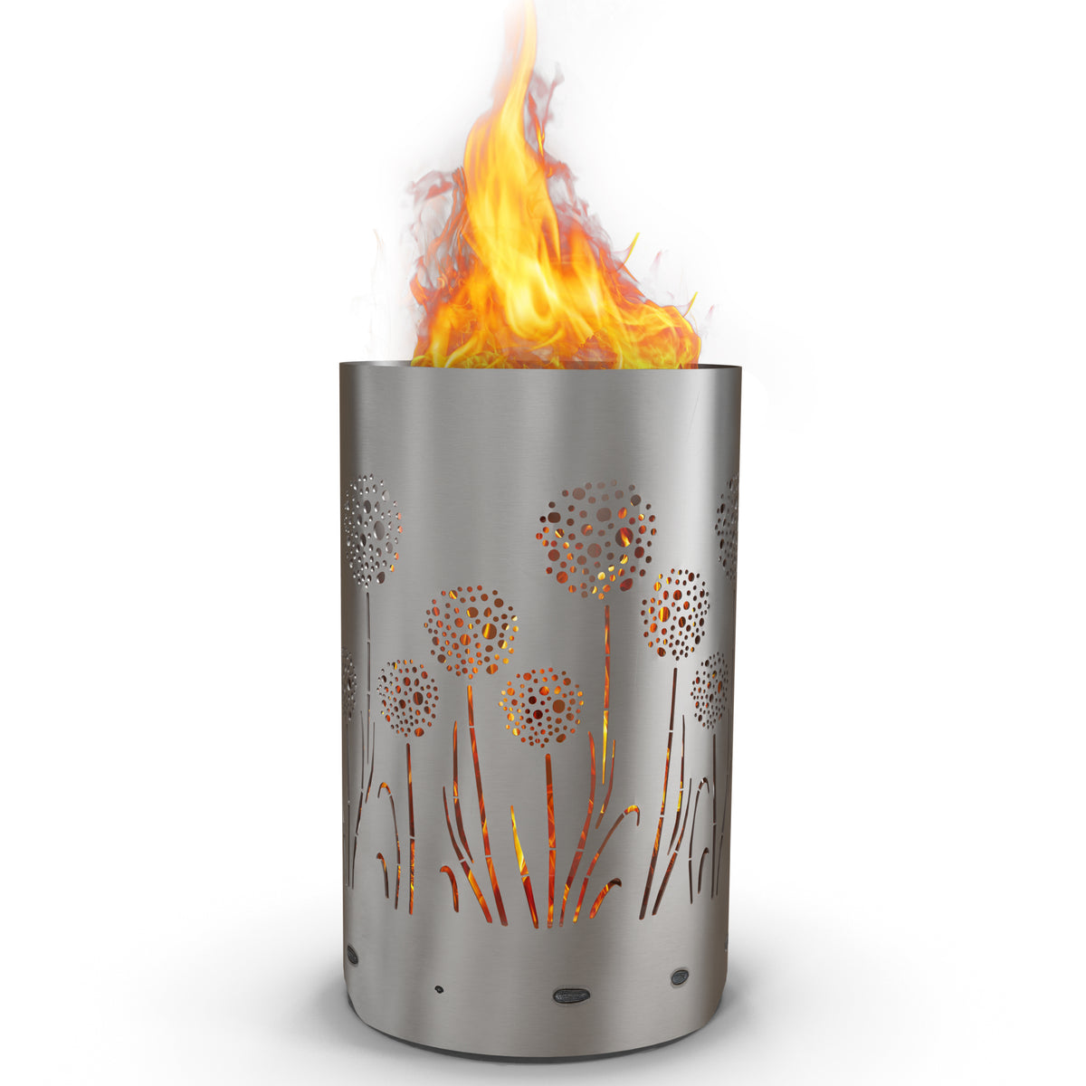 Feuertonne „Pusteblume“ aus Stahl mit filigranem Blumenmotiv und Flammen – dekorative Feuerstelle für Garten und Terrasse