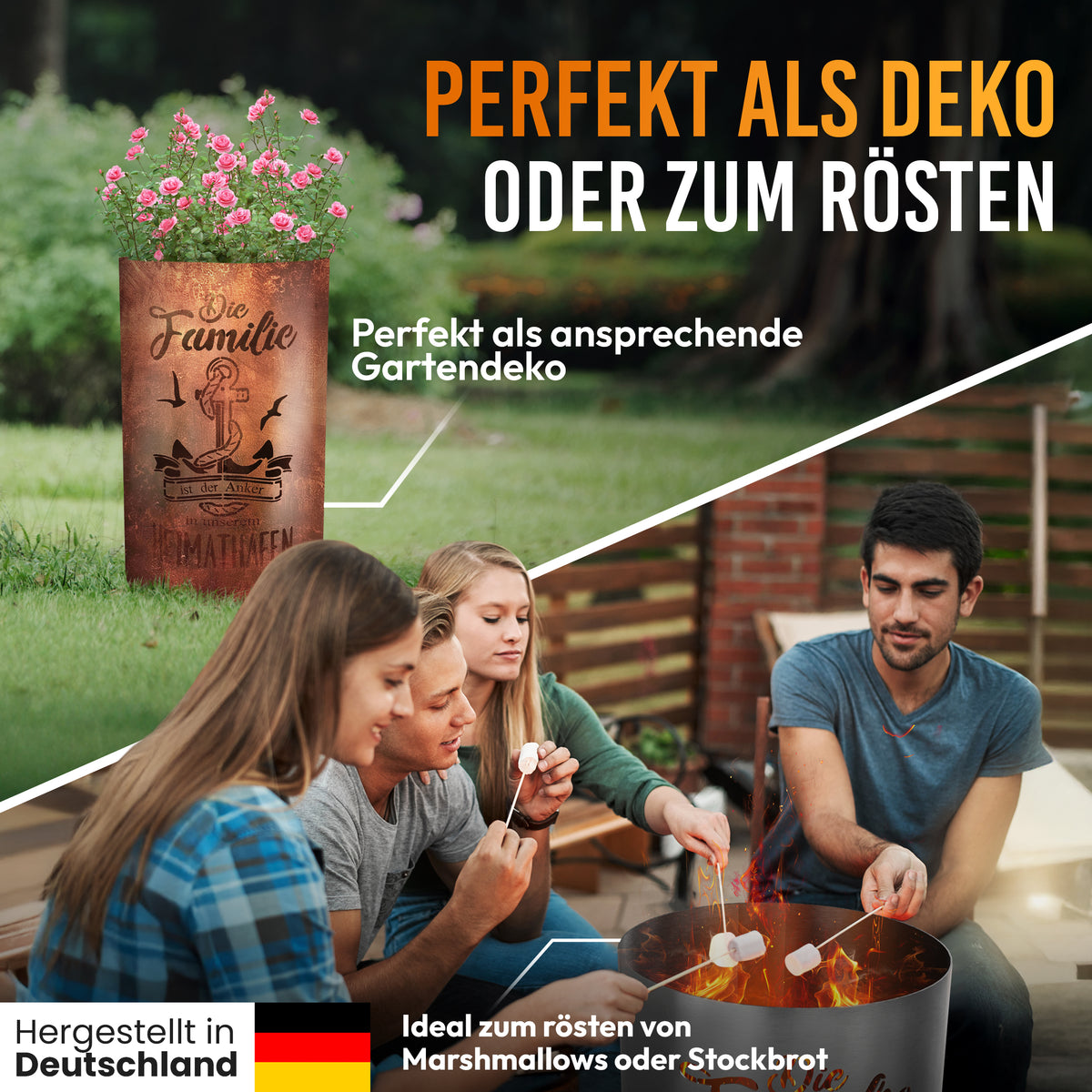 Feuertonne „Familie – Heimathafen“ mit Anker-Motiv als Gartendeko und Feuerstelle – Made in Germany
