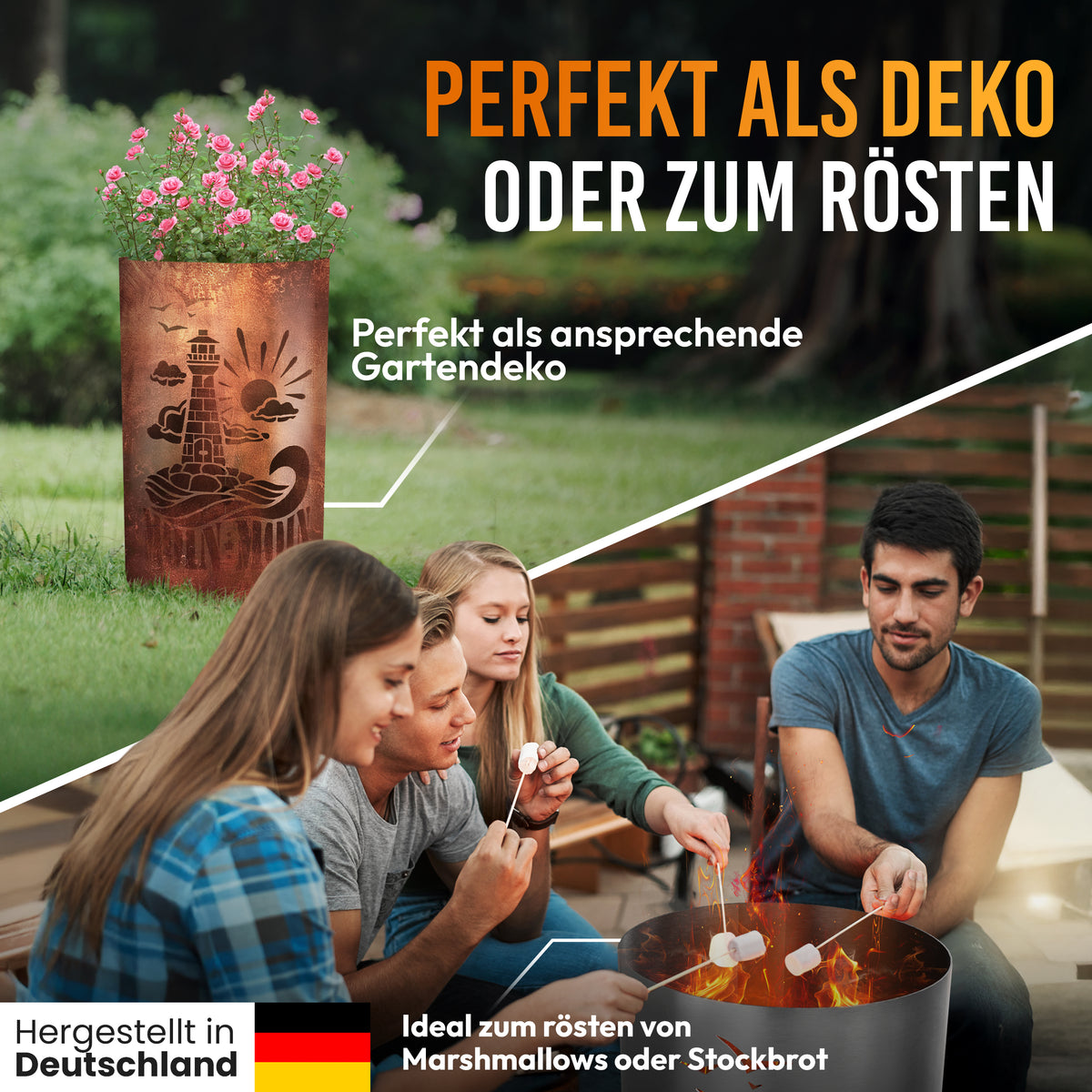 TiKo-Design® Feuertonne Leuchtturm als Gartendeko für gemütliche Abende am Feuer