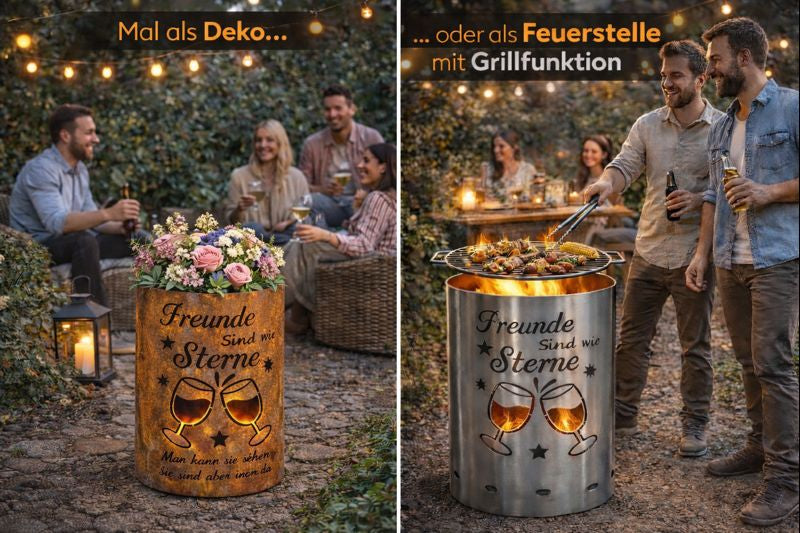 TiKo-Design® Feuertonne aus Stahl – „Freunde sind wie Sterne“