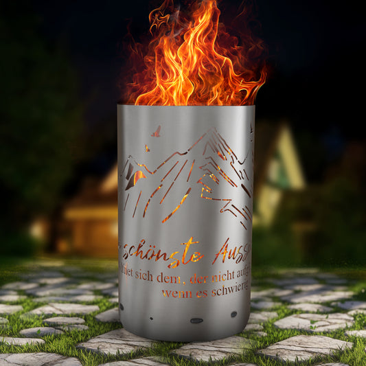 Feuertonne / Feuerkorb mit Motiv " Berge - Die schönste Aussicht eröffnet sich dem, der nicht aufgibt wenn es schwierig wird.