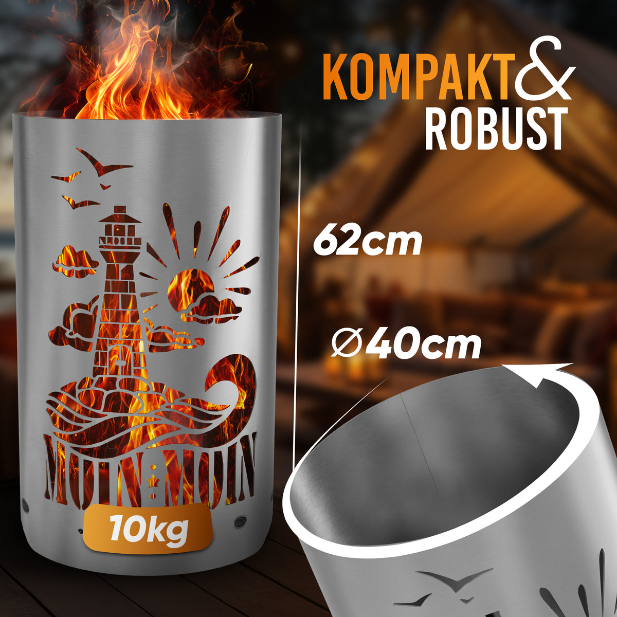 TiKo-Design® Feuertonne Leuchtturm – 62 cm hoch, Ø 40 cm, ca. 10 kg