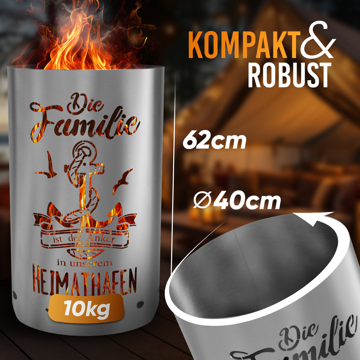 Feuertonne „Familie – Heimathafen“ mit Anker-Motiv – 62 cm hoch, Ø 40 cm und ca. 10 kg
