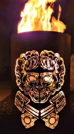 Feuertonne " Ghost-RIder " mit Totenkopf & Kolben – Robuster Feuerkorb aus Stahl für Garten & Terrasse