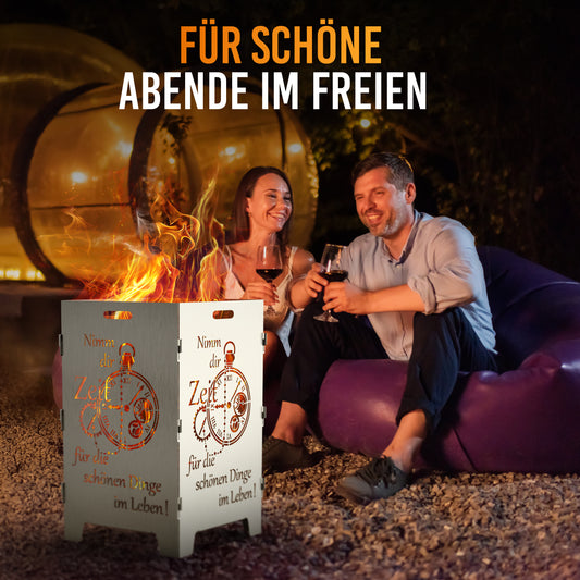 TiKo-Design Feuerkorb mit Zeit-Motiv, 2- fach Laserung, Zerlegbar, Gartendekoration, Feuerkorb & Sitzgelegenheit