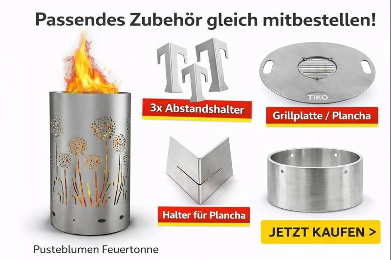 Feuertonne „Pusteblume“ mit passendem Zubehör – Grillplatte/Plancha, Abstandshalter und Plancha-Halter für vielseitige Nutzung im Garten