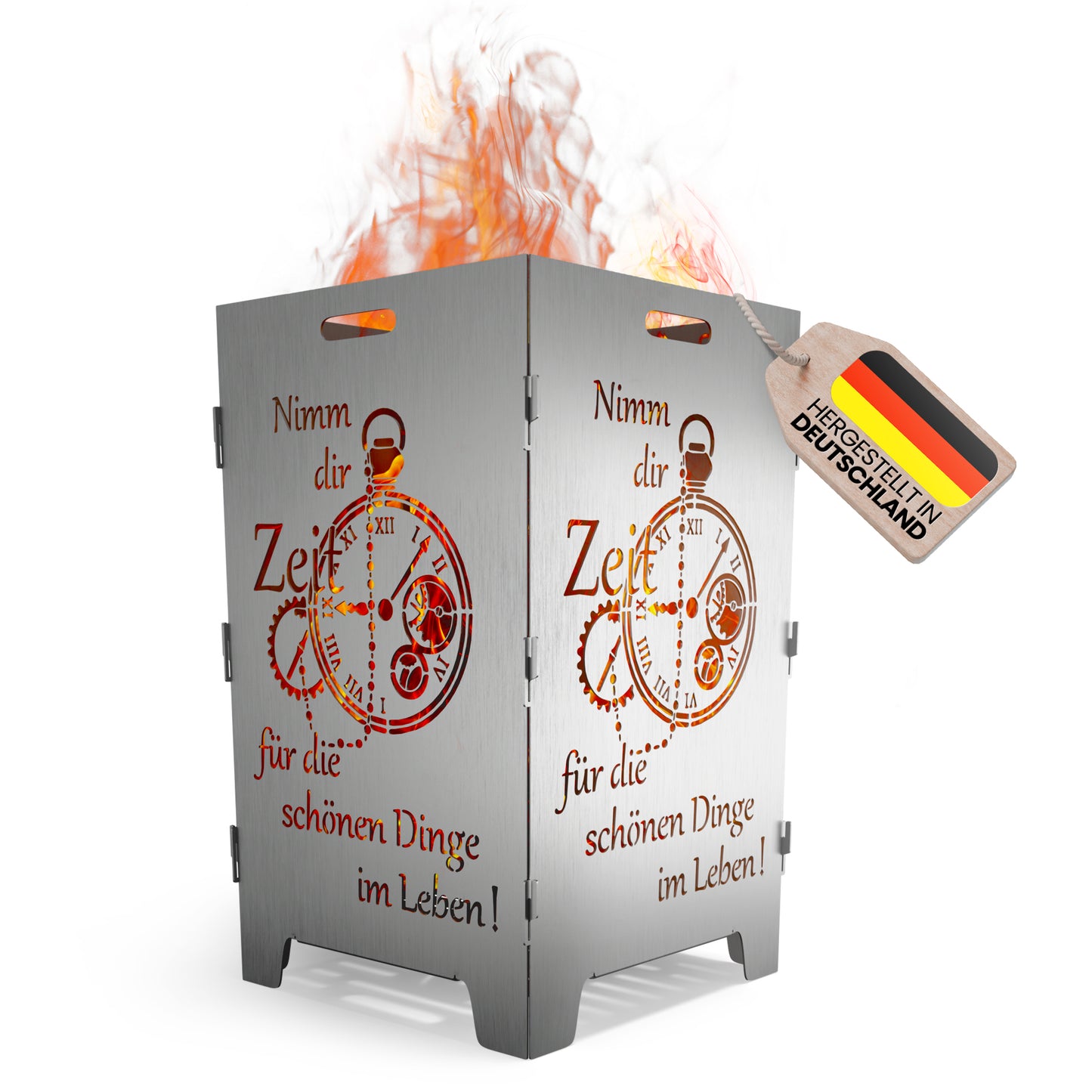 TiKo-Design Feuerkorb mit Zeit-Motiv, 2- fach Laserung, Zerlegbar, Gartendekoration, Feuerkorb & Sitzgelegenheit