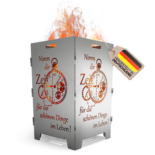 TiKo-Design Feuerkorb mit Zeit-Motiv, 2- fach Laserung, Zerlegbar, Gartendekoration, Feuerkorb & Sitzgelegenheit