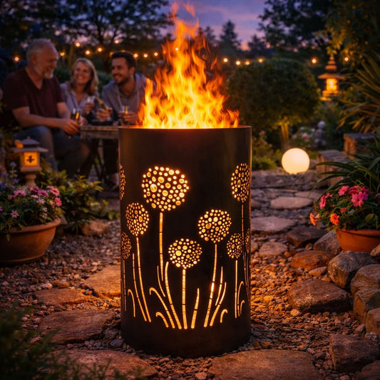 Feuertonne Pusteblume mit leuchtendem Blumenmotiv und offenem Feuer als dekorative Feuerstelle im Garten bei Abendstimmung.