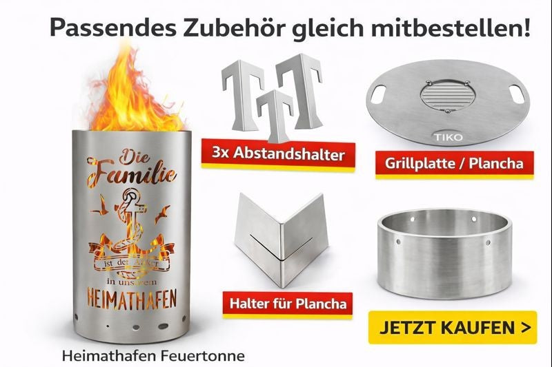Feuertonne „Familie – Heimathafen“ mit Zubehör – Grillplatte / Plancha, Abstandshalter und Plancha-Halter