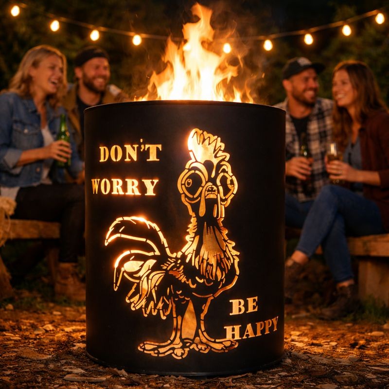Feuertonne "Huhn:  Don`t worry, be happy"