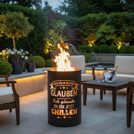 Feuertonne / Feuerkorb mit Motiv " CHILLEN - Jeder sollte an etwas glauben, ich glaube ich geh jetzt chillen "