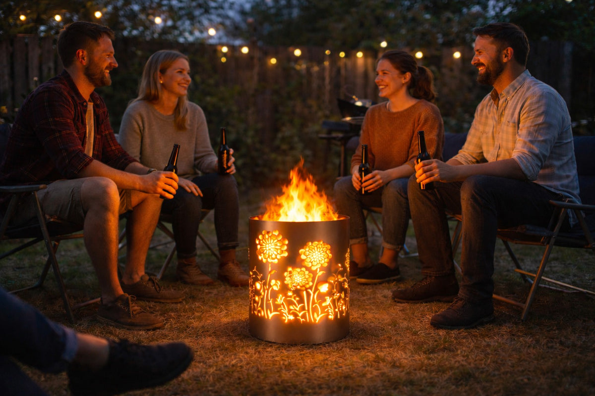 TiKo-Design® Blumen-Feuertonne im Garten – gemütlicher Abend mit Freunden