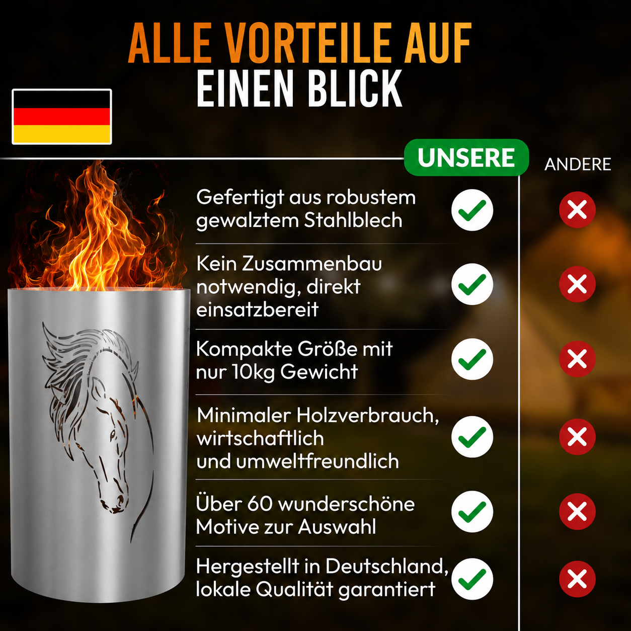 TiKo-Design® Feuertonne aus Stahl mit Pferdekopf Motiv