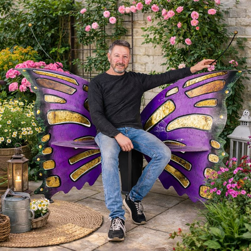 XXL Garten Bank - Schmetterlings Bank aus Stahl, handgefertigtes UNIKAT aus Stahl, handbemalt